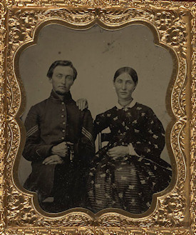 Old tintype photo of a Civil War sergeant with his wife