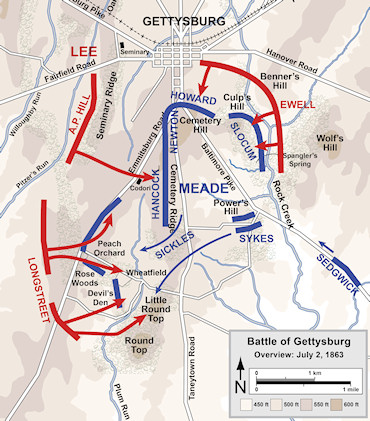 Map showing troop positions on Day 2 of the Battle of Gettysburg