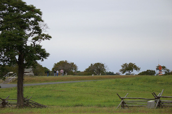 Photo showing the wheatfield in the foreground and the peach orchard in the background